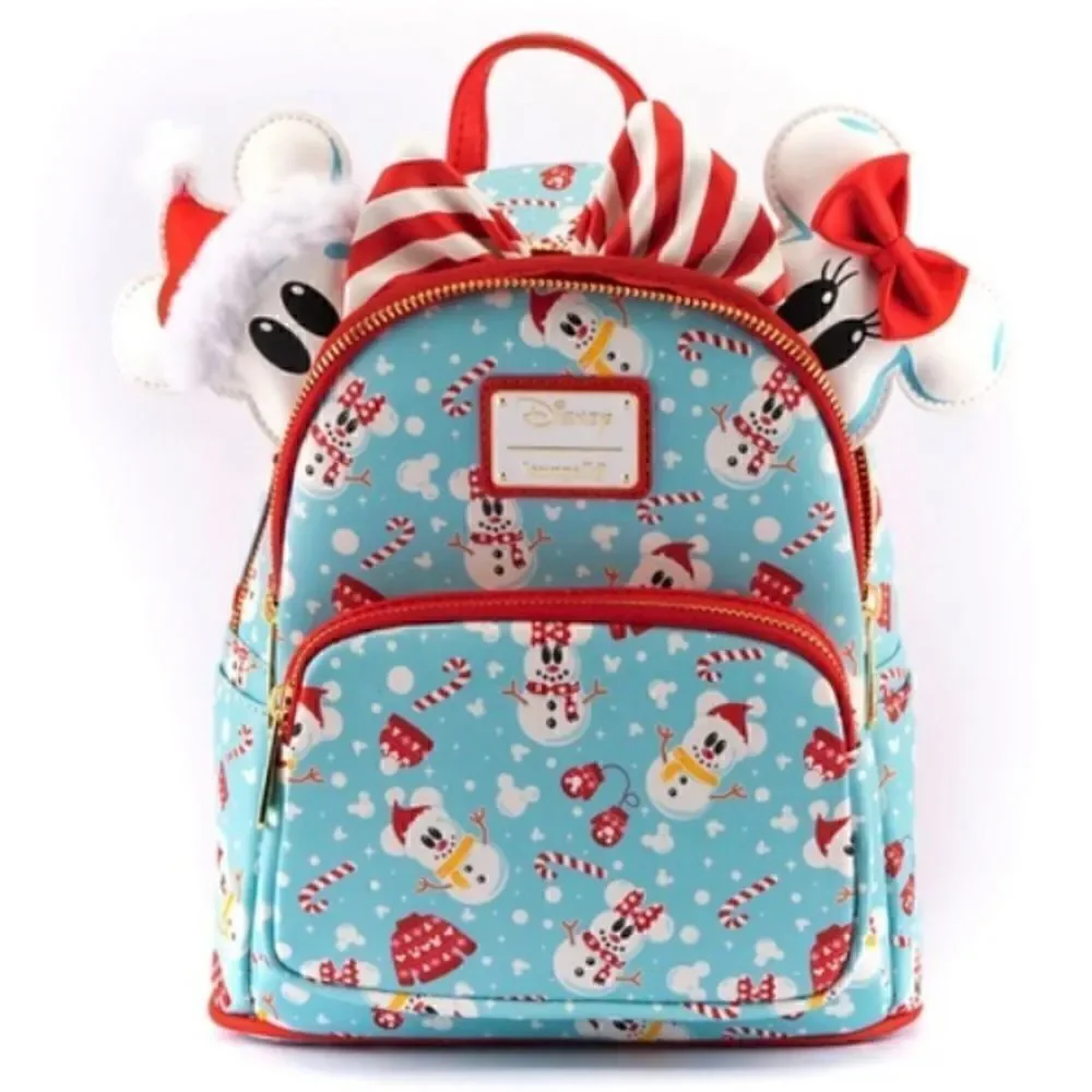 Snowman Mickey & Minnie Mouse Mini Backpack with Ears Headband & Wallet NWT